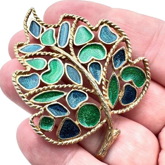 Florenza Womens Brooch Gold Tone Blue Green Enamel Leaf Design Designer Vintage - Picture 1 of 3